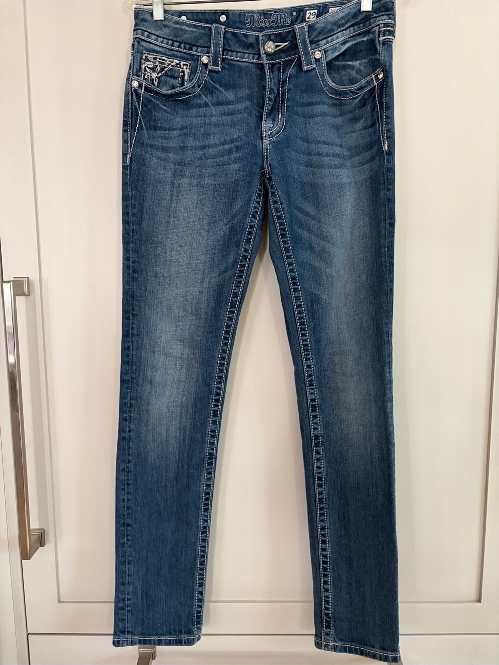 Miss Me Dark Wash Straight Leg Mid Rise Embellished Jeans